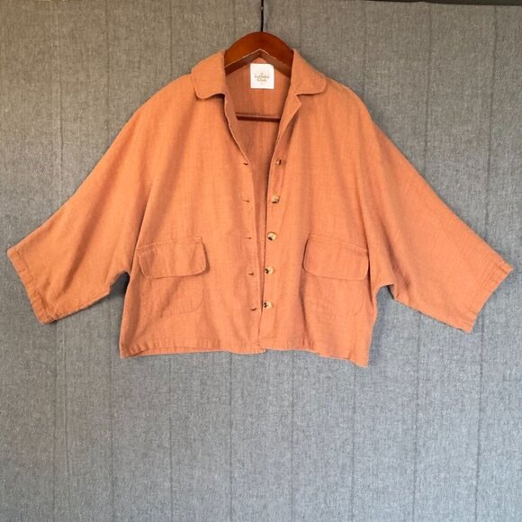 The Lullaby Club Bat Wing Dolman Sleeve Button Up Oversized Top in Clay Size XS - Picture 3 of 10